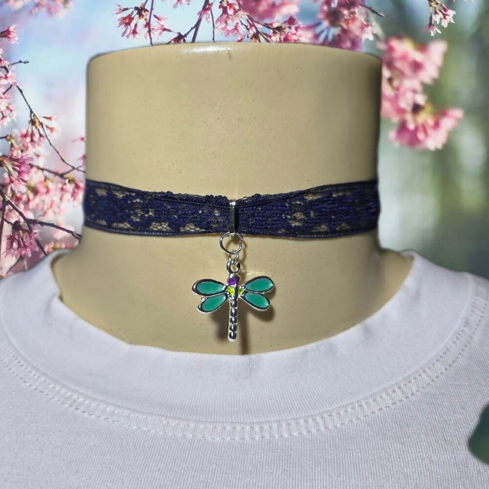 🌼Handmade Navy Blue Lace with Dragonfly Charm Choker Necklace🌼